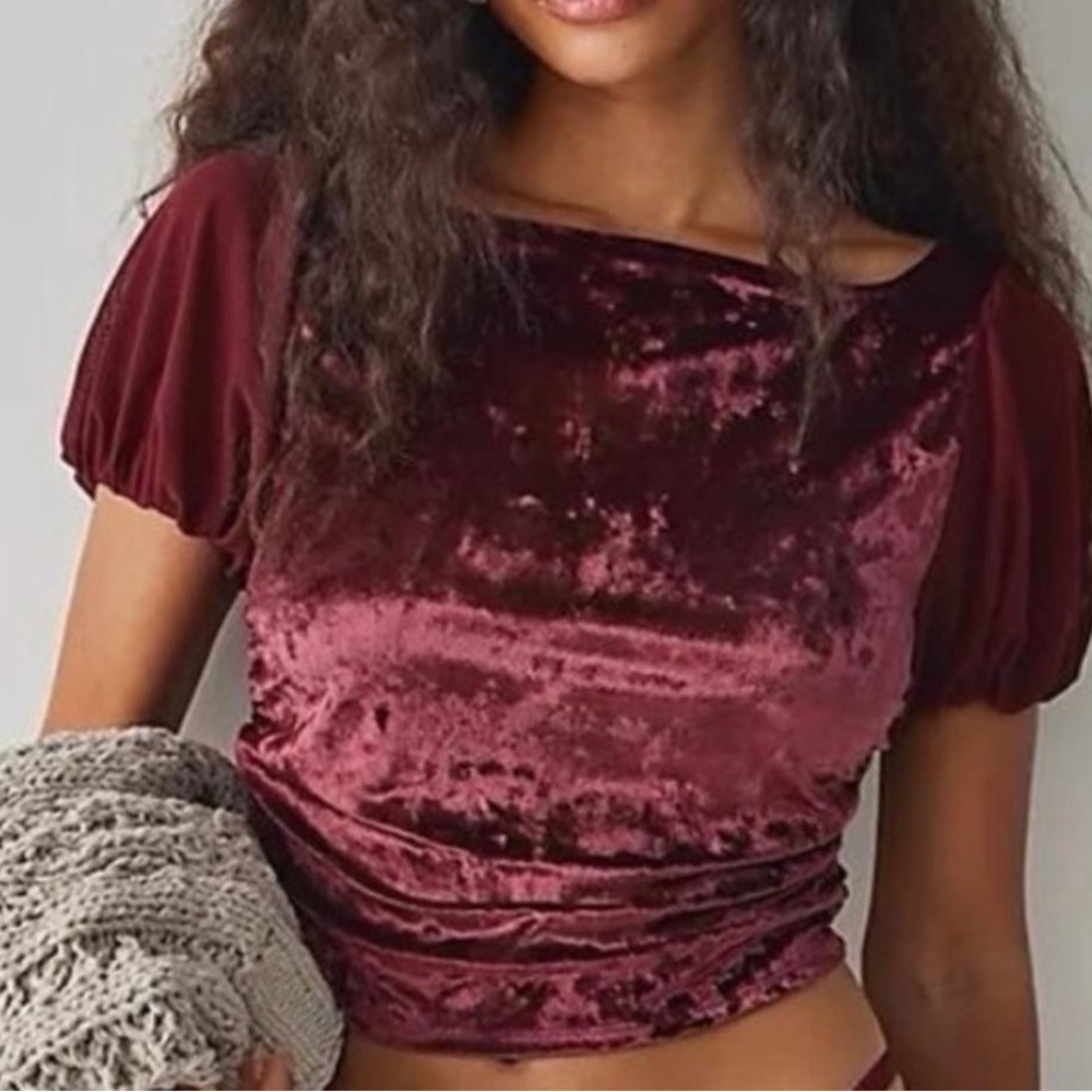 Intimately Free People Midnight Mood Velvet Burgundy Ruched Puff Sleeve Crop Top